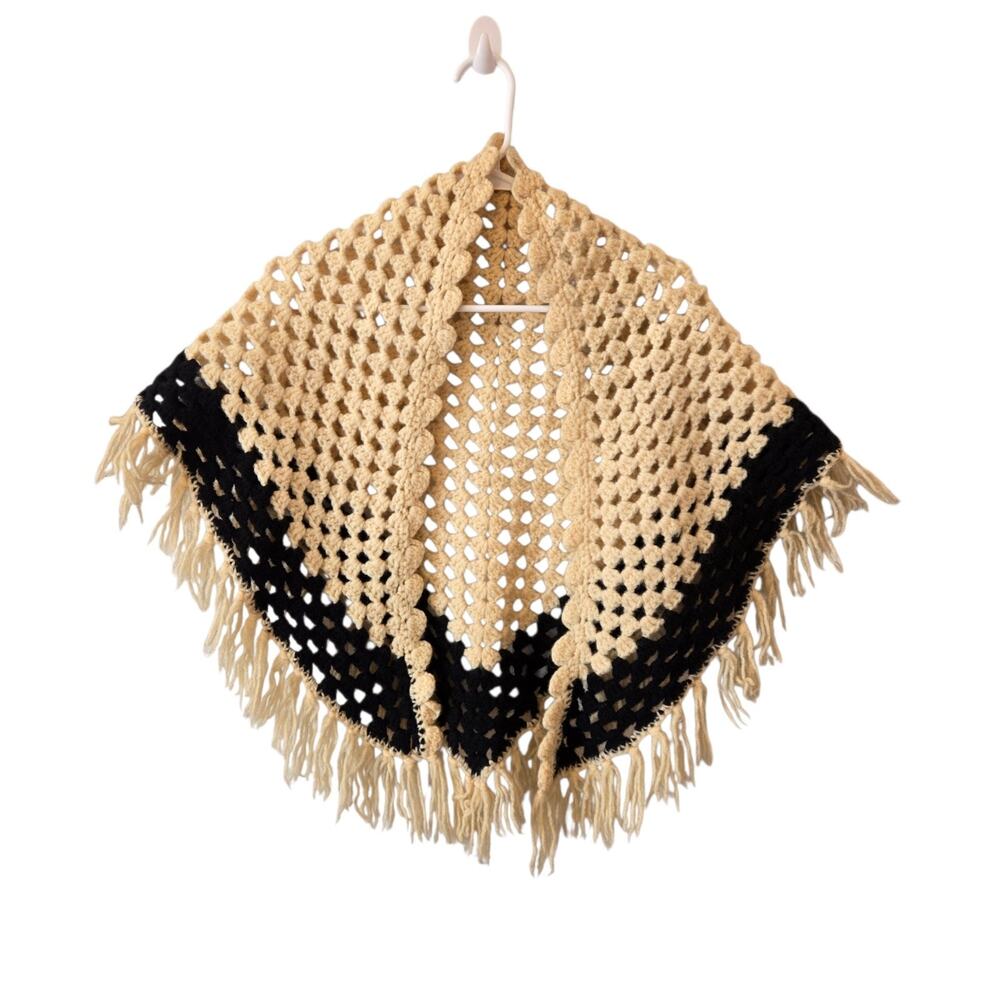 Handmade Crochet Shawl Small Cream Black‎ Fringe Boho Cottagecore Wrap Triangle